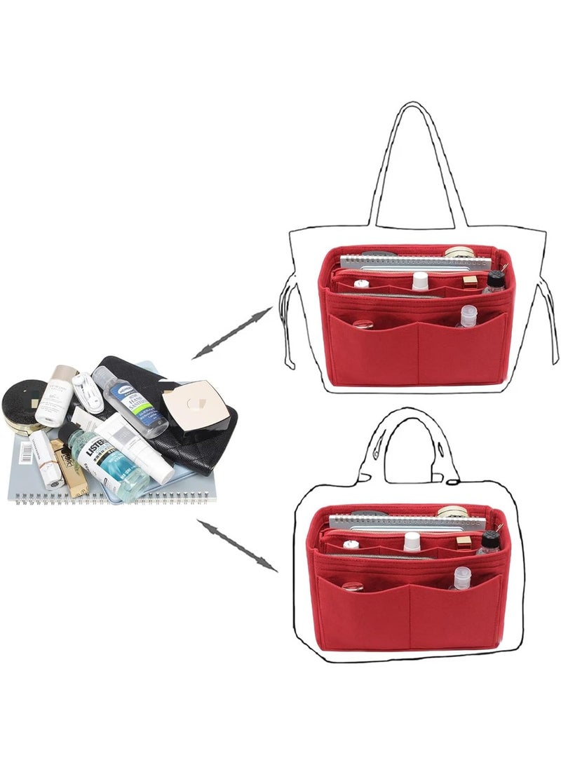 FAYET Large Felt Purse Organizer Insert with Zipper, Multi-Compartment Handbag Makeup Organizer, Travel Toiletry Storage Bag for Women(Red) - Image 3